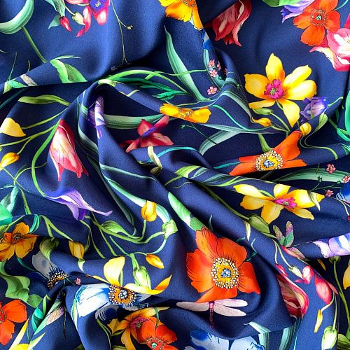 Шелк натуральный К32-155 темно-синий принтованный