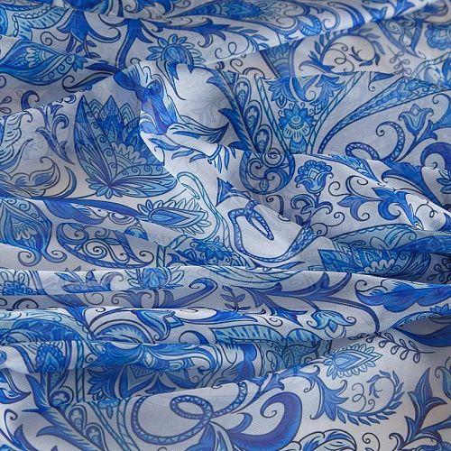 Шифон 068-17391 бело-голубой принтованный