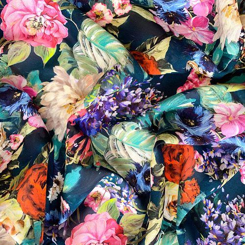 Креп-шифон натуральный К32-230 сине-зеленый принтованный