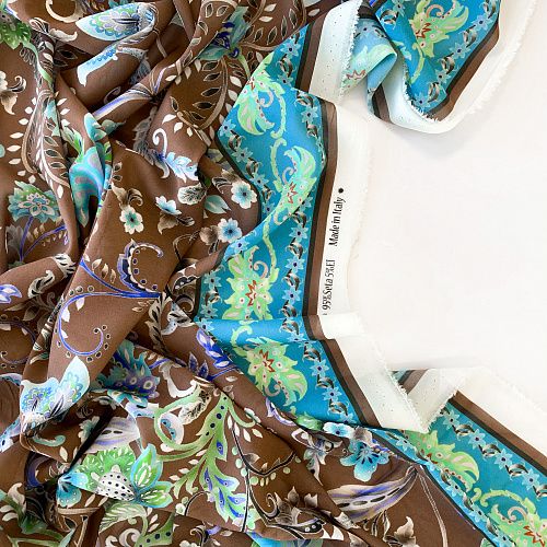 Креп-шифон натуральный К32-229 шоколадно-бирюзовый принтованный