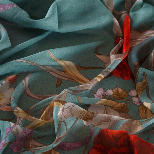 Креп-шифон вискозный 027-16407 серо-бирюзовый принтованный