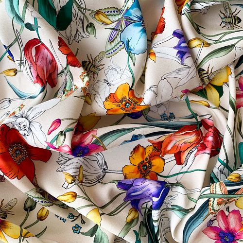 Шелк натуральный К32-159 сливочный принтованный