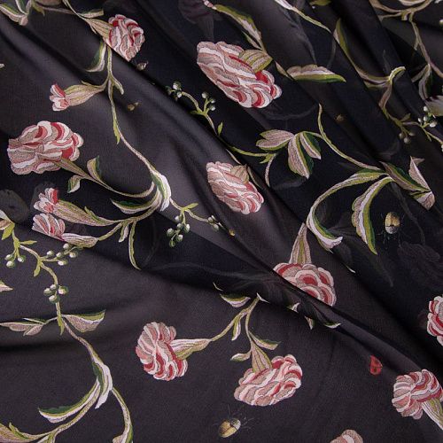 Креп-шифон шелковый 027-19853 черный принтованный