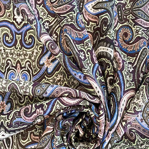 Креп-шифон натуральный К32-443 фиолетово-салатовый принтованный