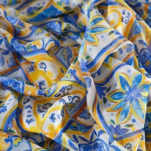 Шифон шелковый 068-12318 желто-голубой принтованный