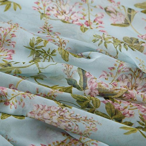 Шифон шелковый 068-19105 разбеленный голубой принтованный